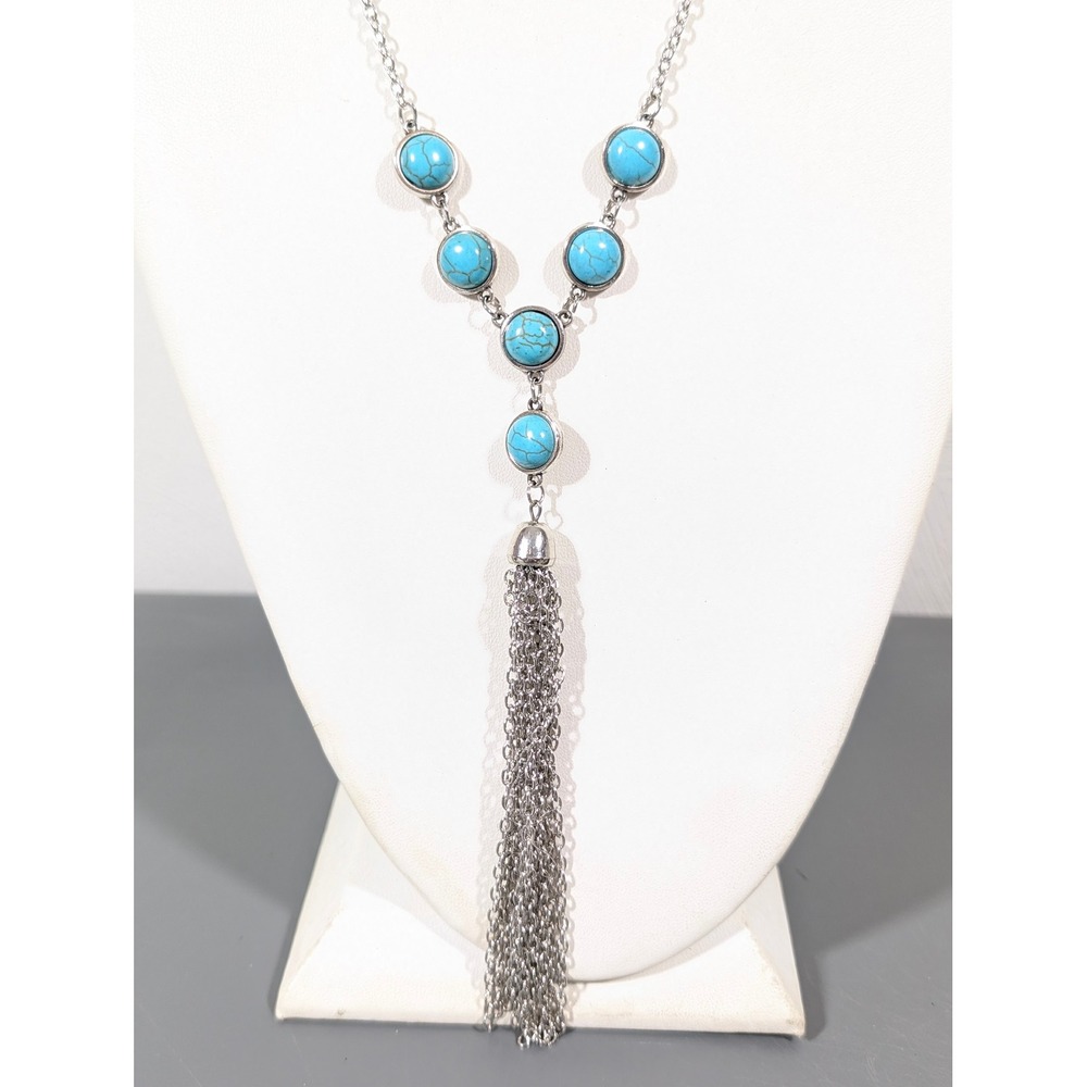 Faux Turquoise Cabochon Necklace 34" Silver Tone Statement Boho Western
